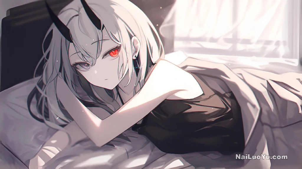 银白发丝间立着黑红小角，赤色眼瞳魅惑勾人-奈落语