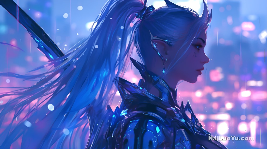 银蓝高马尾束着星空发饰，尖耳旁斜垂几缕发丝-奈落语