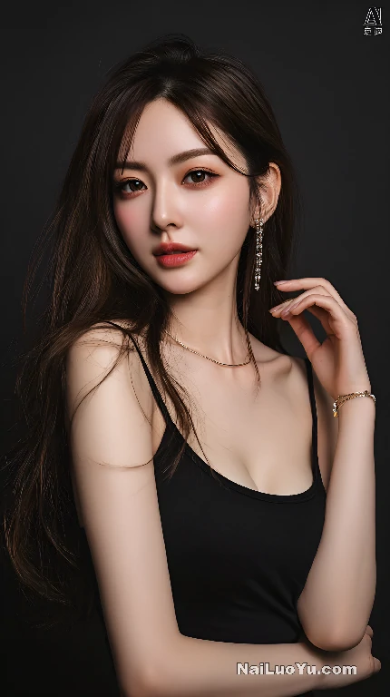 美丽亚洲女性，棕色长发，黑色细肩带上衣-奈落语