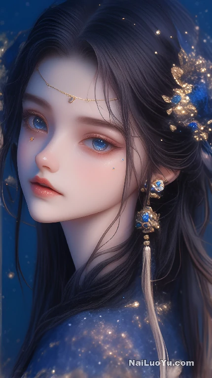 华丽古装女性，乌黑亮丽长发，蓝色花朵金色发饰-奈落语