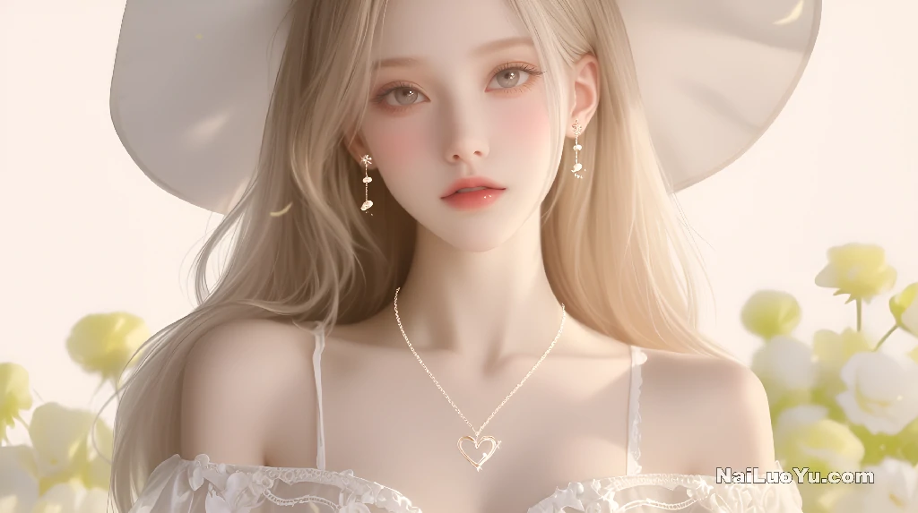 美丽女性，浅金色长发，白色宽檐帽配白色花朵-[原创]-奈落语
