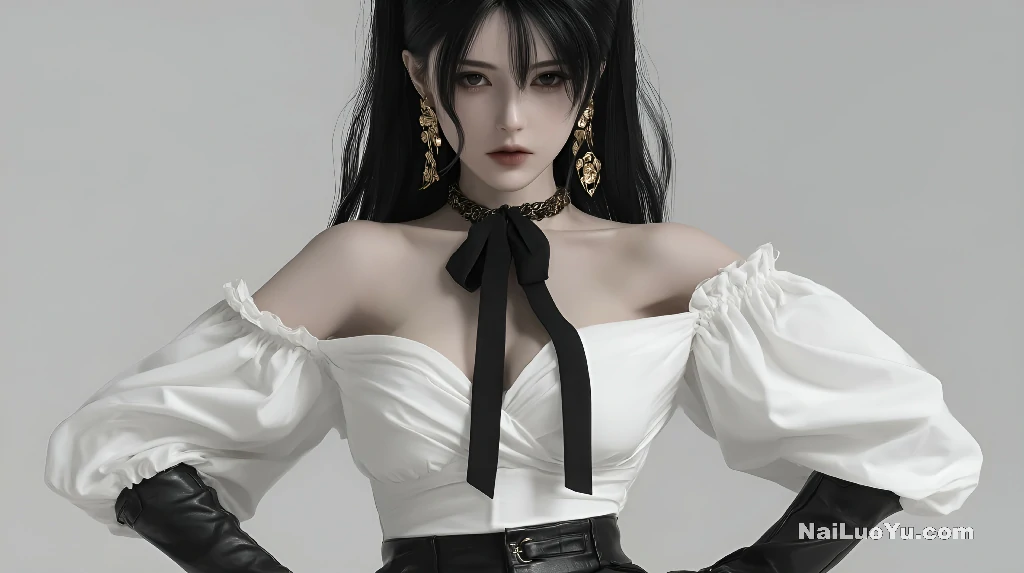 长发黑发女子,白色挂脖上衣,黑色颈带-奈落语 长发黑发女子,白色挂脖上衣,黑色颈带-奈落语