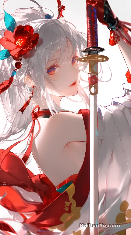 银发少女身着红白传统和服,手持红黑刀柄武士刀-奈落语 银发少女身着红白传统和服,手持红黑刀柄武士刀-奈落语