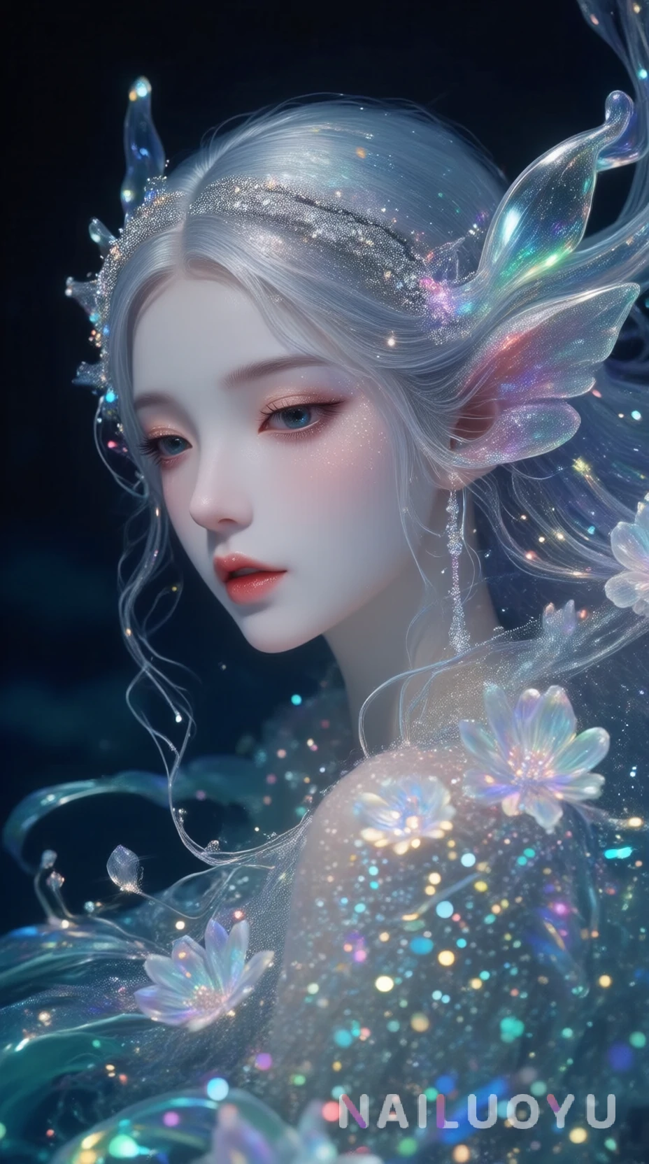 银发精灵耳的少女，头戴水晶发冠-奈落语