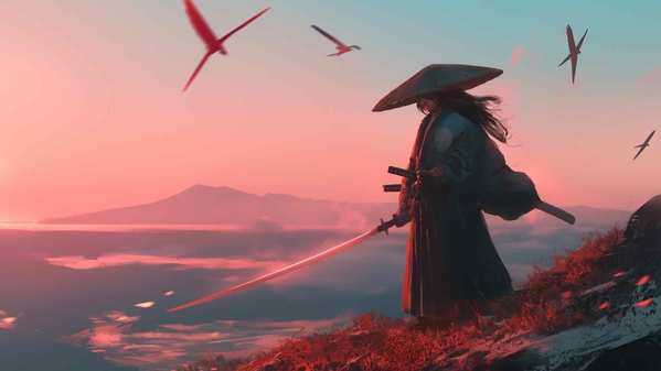 武士日落与鸟类桌面壁纸-奈落语