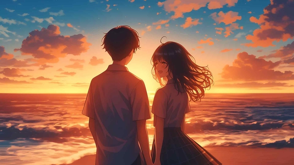 日落漫步双人海滩浪漫桌面壁纸-奈落语