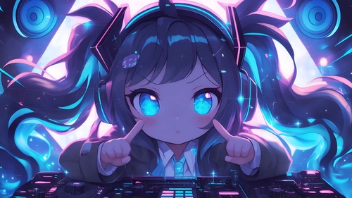 CHIBI 动漫 DJ 女孩耳机桌面壁纸-奈落语