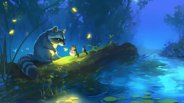 浣熊萤火虫夜神秘场景桌面壁纸-奈落语