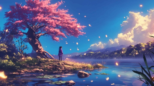 动漫女孩与樱花湖桌面壁纸-奈落语
