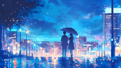 雨中的动漫情侣4K桌面壁纸-奈落语