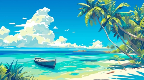 夏季海滩上的船桌面壁纸-奈落语