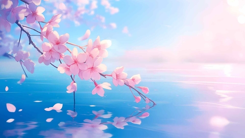樱花枝飘河宁静唯美桌面壁纸-奈落语