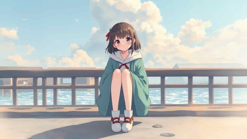 动漫女孩在海边甲板上休息-奈落语