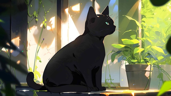窗台上的黑猫桌面壁纸-奈落语