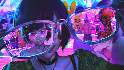 动漫艺术 霓虹灯 眼镜 赛博朋克女孩-奈落语
