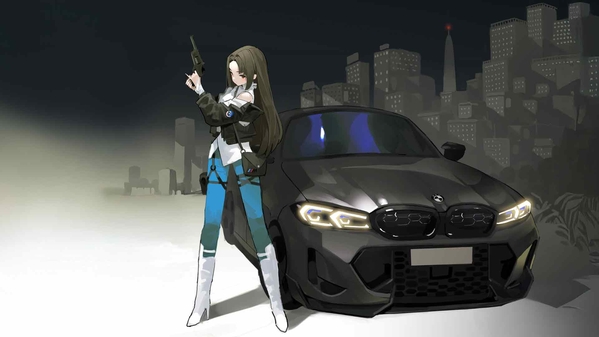 现代动漫女孩与宝马超级跑车-奈落语
