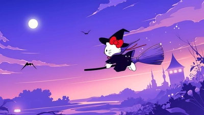 HELLO KITTY 飞行扫帚万圣节桌面壁纸-奈落语