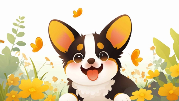 柯基犬小狗花草地桌面壁纸-奈落语