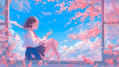 窗外欣赏樱花的动漫女孩桌面壁纸-奈落语