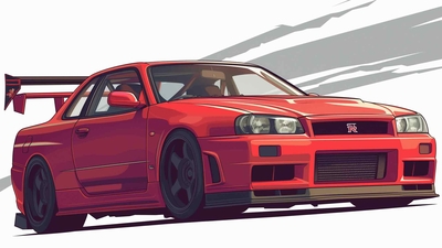 红色日产天际线 R34 GTR 桌面壁纸-奈落语