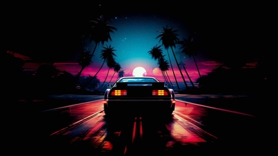 RETROWAVE汽车道路4K壁纸-奈落语