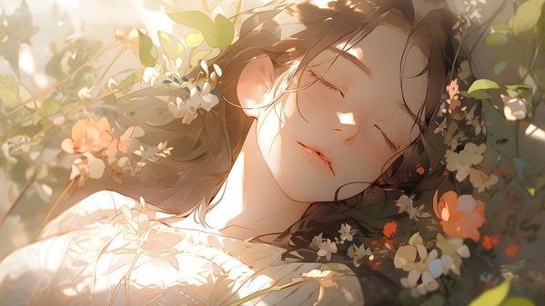 可爱的女孩睡在花丛中桌面壁纸-奈落语