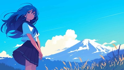 动漫女孩和蓝山桌面壁纸-奈落语