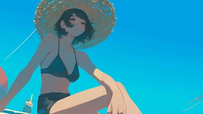 动漫女孩在草帽蓝色夏季桌面壁纸-奈落语