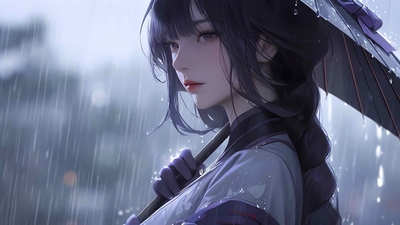 动漫女孩 长发 伞 雨天 4k壁纸-奈落语