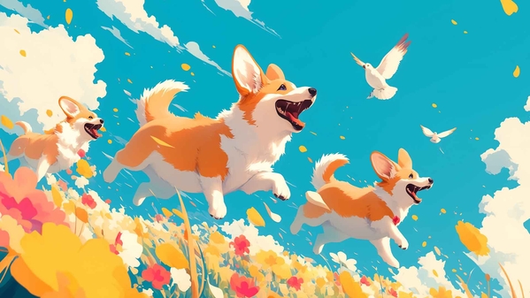 快乐的柯基犬在花田桌面壁纸-奈落语