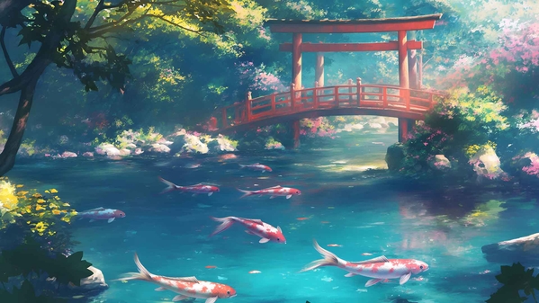 锦鲤池鸟居门桌面壁纸-奈落语