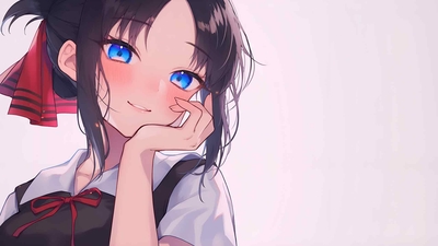 可爱的动漫女孩，蓝眼睛米色桌面壁纸-奈落语