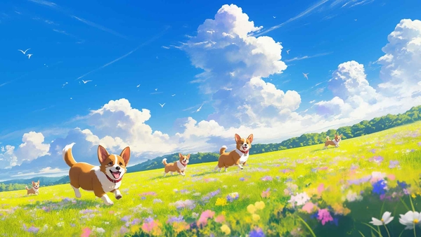 柯基犬草地阳光灿烂的日子快乐的狗狗桌面壁纸-奈落语