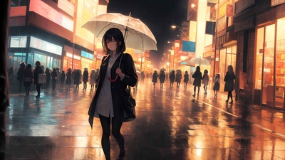 雨天 步行街 动漫女孩 伞 4K壁纸-奈落语