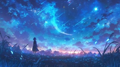 孤独的女孩看流星雨蓝色桌面壁纸-奈落语