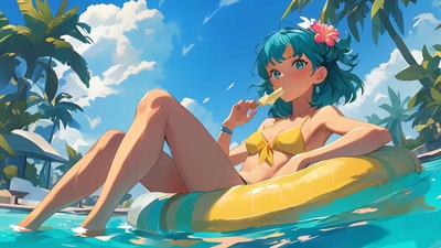 动漫女孩在游泳圈夏天桌面壁纸-奈落语