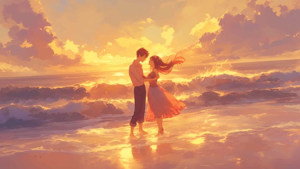 温柔的夕阳波浪拥抱桌面壁纸-奈落语