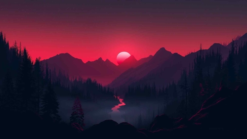 红色夕阳山风景桌面壁纸-奈落语