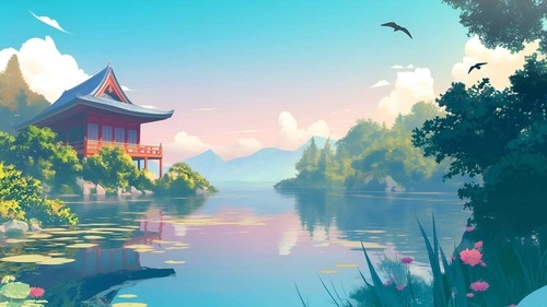 唯美湖畔寺庙桌面壁纸-奈落语