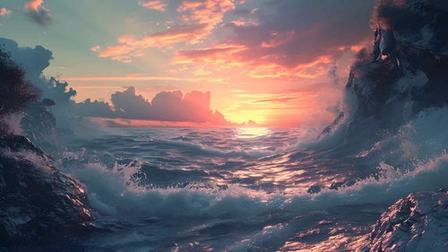温柔的夕阳和波浪般的大海自然美学桌面壁纸-奈落语