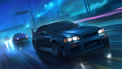 R34 街头赛车夜晚桌面壁纸-奈落语