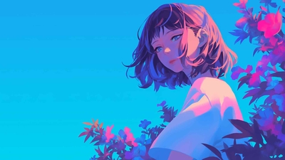 悲伤的女孩在蓝色花朵艺术壁纸-奈落语