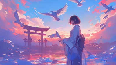 动漫女孩与鸟和日落桌面壁纸-奈落语