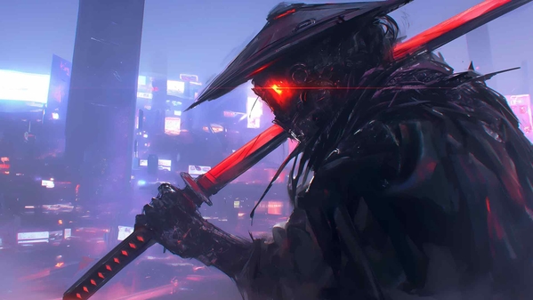 赛博朋克武士发光的红色剑桌面壁纸-奈落语