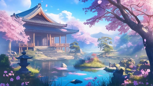 宁静的日本花园樱花宝塔桌面壁纸-奈落语