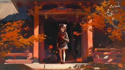 秋季神社动漫女孩桌面壁纸-奈落语