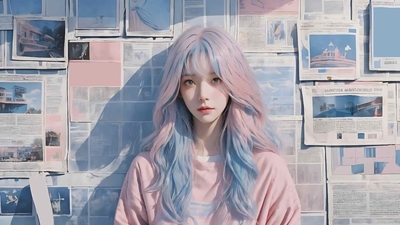 报纸 墙 粉红蓝色长头发少女4k动漫壁纸-奈落语