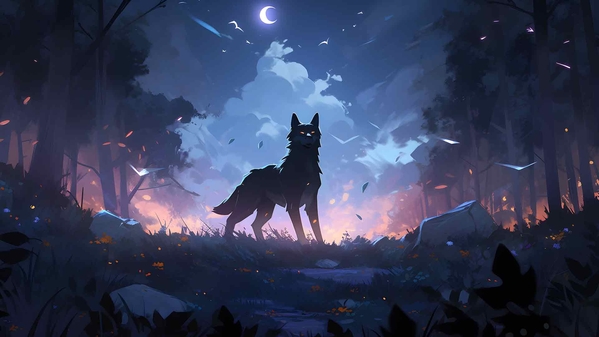 狼在夜间森林桌面壁纸-奈落语