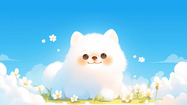 白色卡哇伊狗狗与鲜花桌面壁纸-奈落语