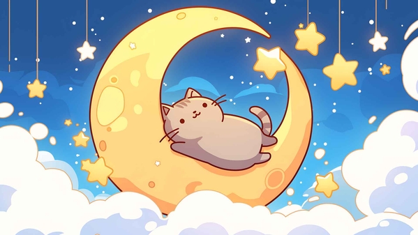 新月桌面壁纸上的可爱猫咪-奈落语